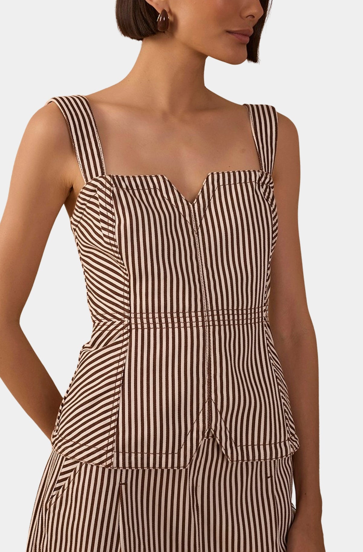 Brown Stripes Removable Straps Asymmetric Twill Corset Top