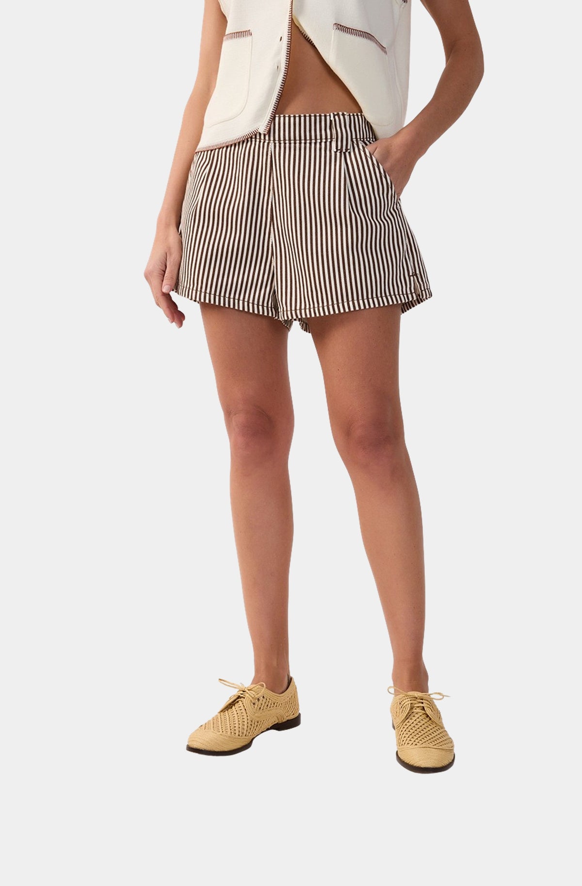 Brown Stripes Pockets Belt Loops Twill Shorts