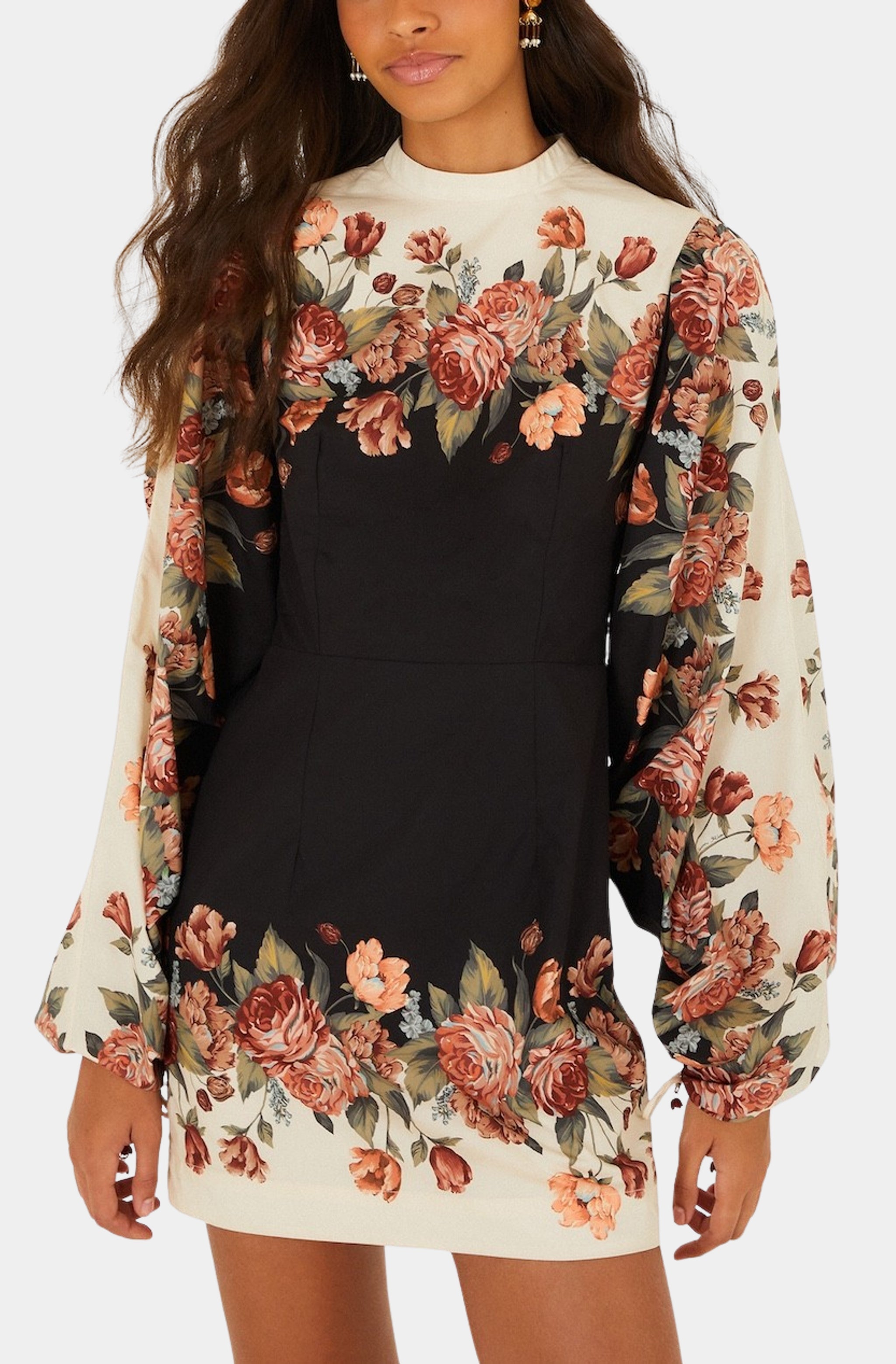 Winter Floral Cream Long Sleeve Mini Dress