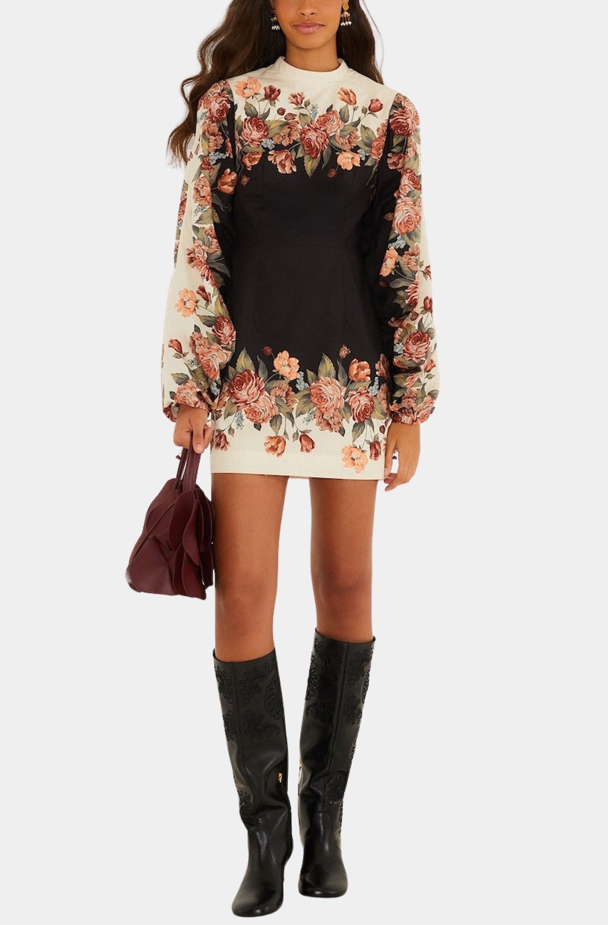 Winter Floral Cream Long Sleeve Mini Dress